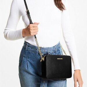 Black Saffiano Leather Large Michael Kors Jet Set Crossbody Bag